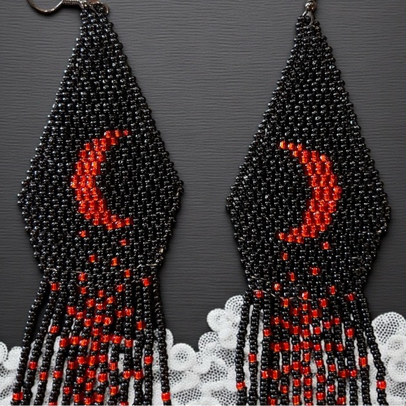 Hand Beaded Black/Red Extra Long Boho Crescent Moon Earrings - Picture 8 of 16
